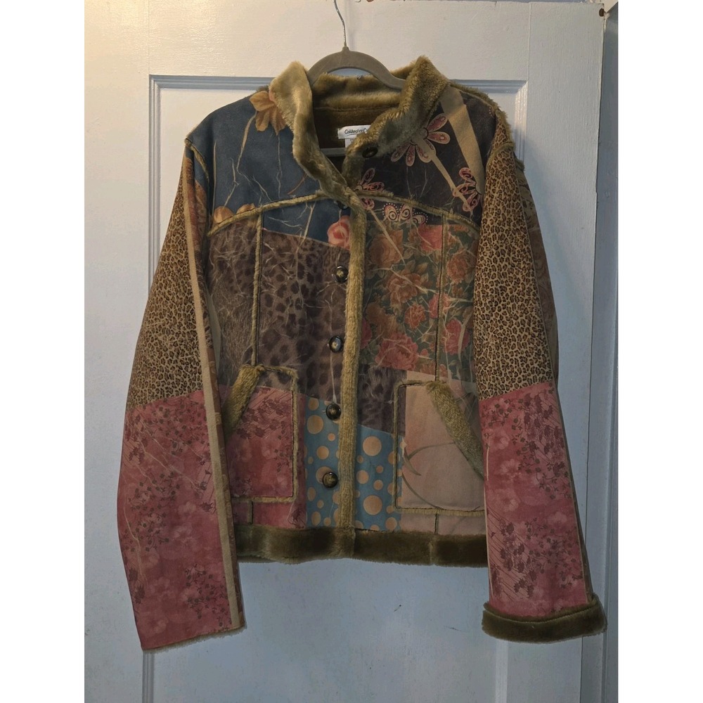 Vintage 90's Coldwater Creek Women Multicolor Patchwork Faux Fur Lined Jacket XL